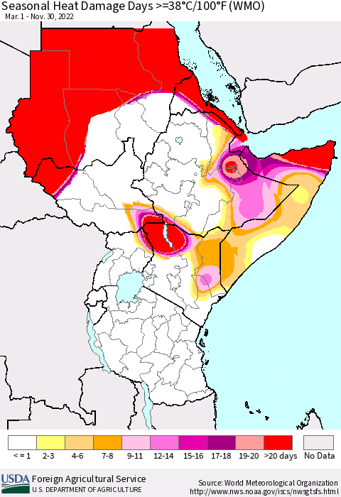 Eastern Africa Seasonal Heat Damage Days >=38°C/100°F (WMO) Thematic Map For 3/1/2022 - 11/30/2022