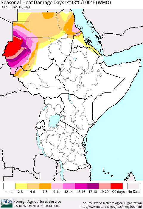 Eastern Africa Seasonal Heat Damage Days >=38°C/100°F (WMO) Thematic Map For 10/1/2022 - 1/10/2023