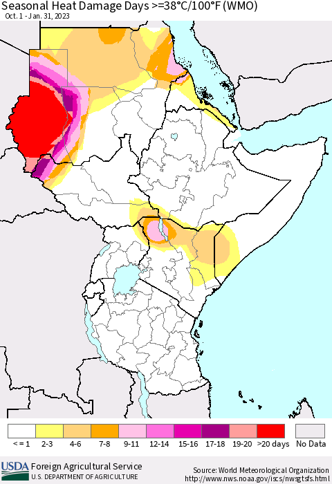 Eastern Africa Seasonal Heat Damage Days >=38°C/100°F (WMO) Thematic Map For 10/1/2022 - 1/31/2023