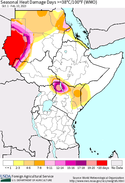 Eastern Africa Seasonal Heat Damage Days >=38°C/100°F (WMO) Thematic Map For 10/1/2022 - 2/10/2023
