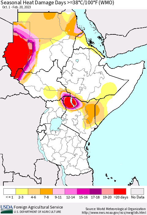 Eastern Africa Seasonal Heat Damage Days >=38°C/100°F (WMO) Thematic Map For 10/1/2022 - 2/20/2023