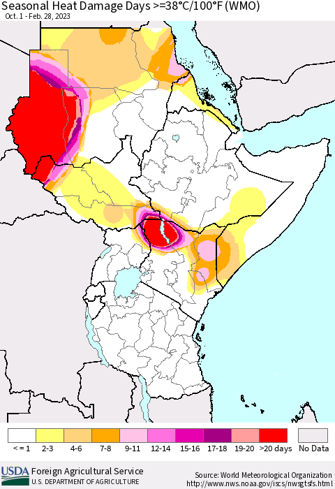 Eastern Africa Seasonal Heat Damage Days >=38°C/100°F (WMO) Thematic Map For 10/1/2022 - 2/28/2023