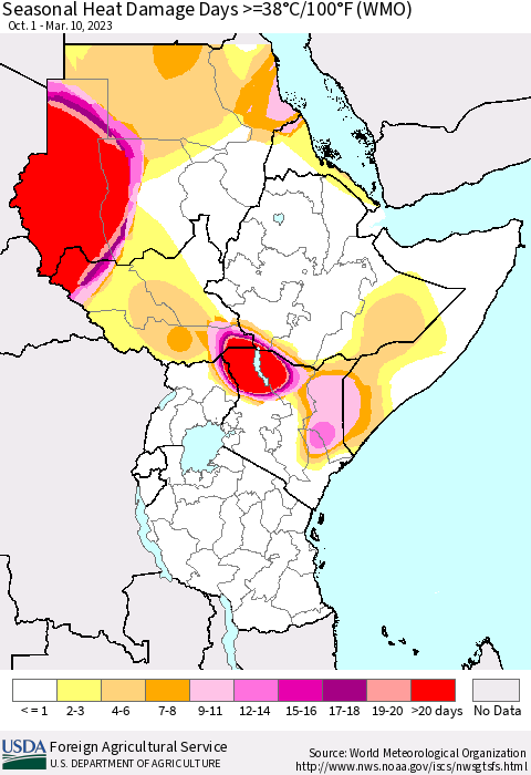 Eastern Africa Seasonal Heat Damage Days >=38°C/100°F (WMO) Thematic Map For 10/1/2022 - 3/10/2023