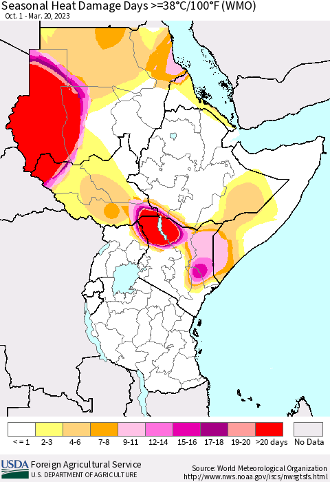 Eastern Africa Seasonal Heat Damage Days >=38°C/100°F (WMO) Thematic Map For 10/1/2022 - 3/20/2023