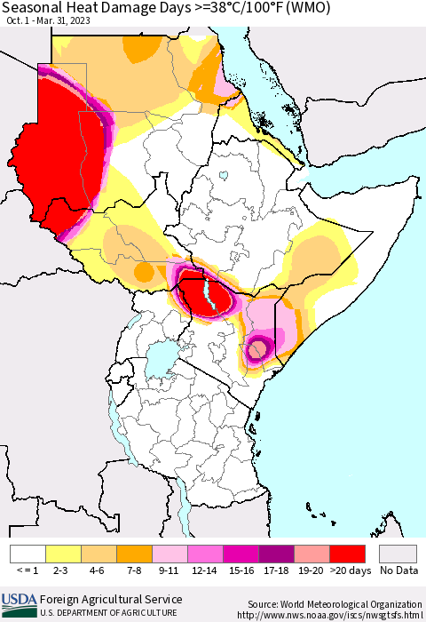 Eastern Africa Seasonal Heat Damage Days >=38°C/100°F (WMO) Thematic Map For 10/1/2022 - 3/31/2023