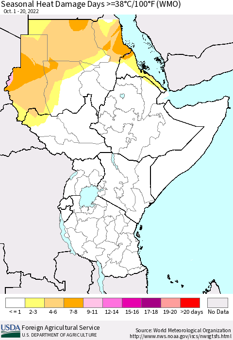 Eastern Africa Seasonal Heat Damage Days >=38°C/100°F (WMO) Thematic Map For 10/1/2022 - 10/20/2022