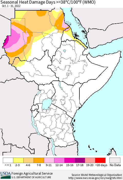 Eastern Africa Seasonal Heat Damage Days >=38°C/100°F (WMO) Thematic Map For 10/1/2022 - 10/31/2022