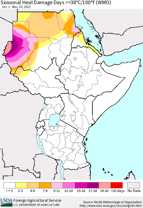 Eastern Africa Seasonal Heat Damage Days >=38°C/100°F (WMO) Thematic Map For 10/1/2022 - 11/10/2022