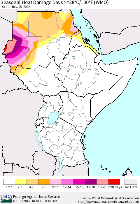 Eastern Africa Seasonal Heat Damage Days >=38°C/100°F (WMO) Thematic Map For 10/1/2022 - 11/20/2022