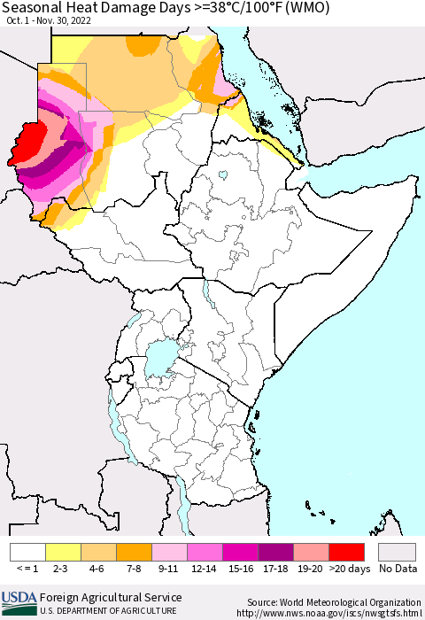 Eastern Africa Seasonal Heat Damage Days >=38°C/100°F (WMO) Thematic Map For 10/1/2022 - 11/30/2022
