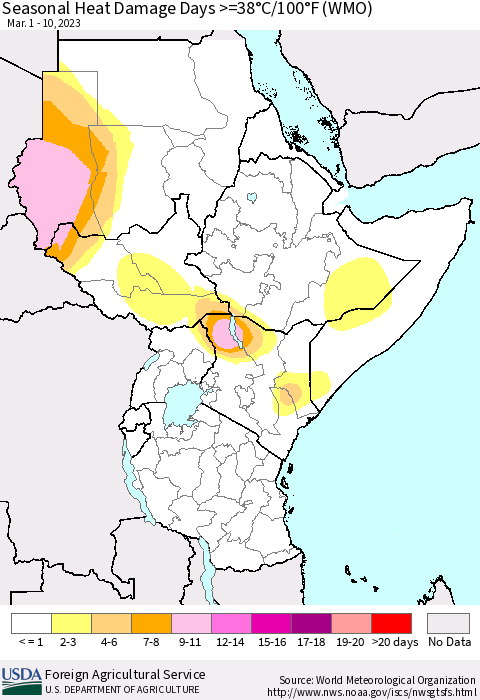 Eastern Africa Seasonal Heat Damage Days >=38°C/100°F (WMO) Thematic Map For 3/1/2023 - 3/10/2023