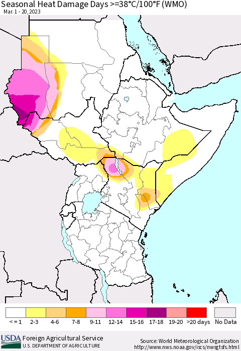 Eastern Africa Seasonal Heat Damage Days >=38°C/100°F (WMO) Thematic Map For 3/1/2023 - 3/20/2023