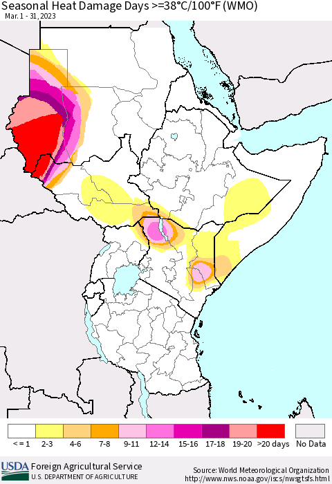 Eastern Africa Seasonal Heat Damage Days >=38°C/100°F (WMO) Thematic Map For 3/1/2023 - 3/31/2023