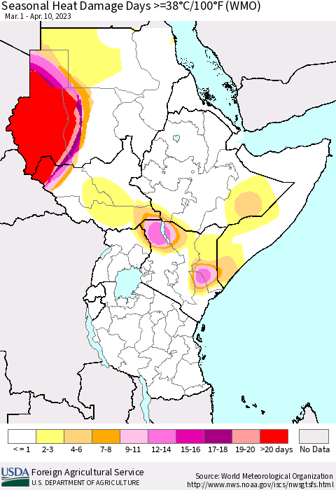 Eastern Africa Seasonal Heat Damage Days >=38°C/100°F (WMO) Thematic Map For 3/1/2023 - 4/10/2023