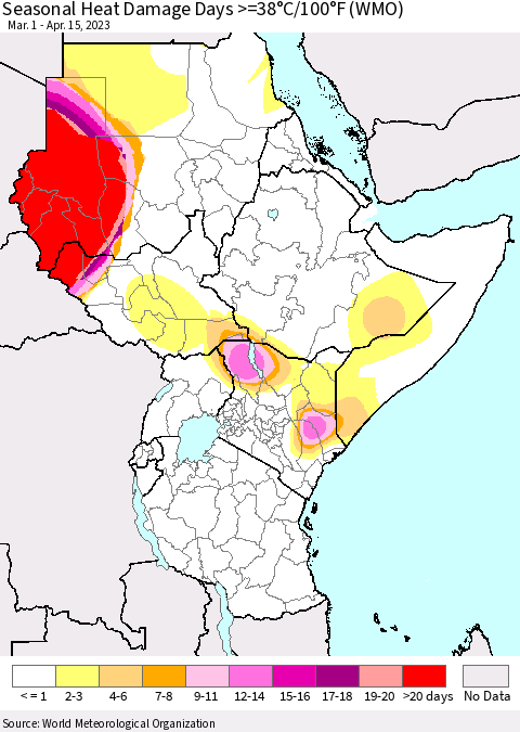 Eastern Africa Seasonal Heat Damage Days >=38°C/100°F (WMO) Thematic Map For 3/1/2023 - 4/15/2023