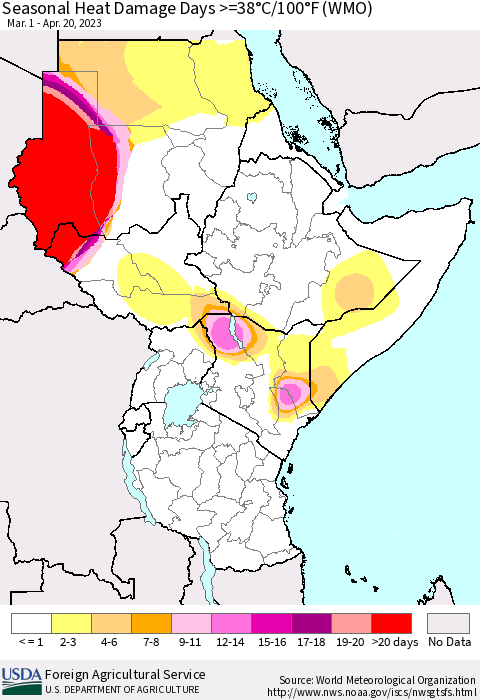 Eastern Africa Seasonal Heat Damage Days >=38°C/100°F (WMO) Thematic Map For 3/1/2023 - 4/20/2023