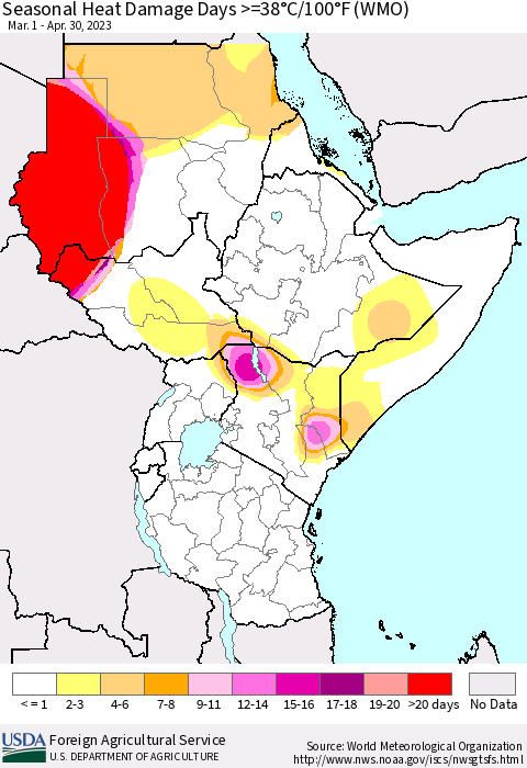 Eastern Africa Seasonal Heat Damage Days >=38°C/100°F (WMO) Thematic Map For 3/1/2023 - 4/30/2023