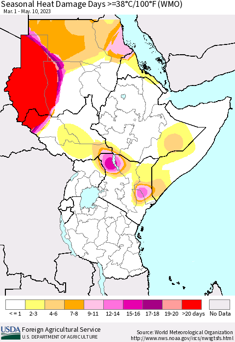 Eastern Africa Seasonal Heat Damage Days >=38°C/100°F (WMO) Thematic Map For 3/1/2023 - 5/10/2023