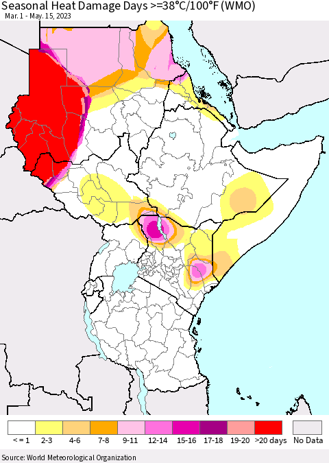 Eastern Africa Seasonal Heat Damage Days >=38°C/100°F (WMO) Thematic Map For 3/1/2023 - 5/15/2023