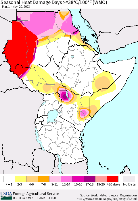 Eastern Africa Seasonal Heat Damage Days >=38°C/100°F (WMO) Thematic Map For 3/1/2023 - 5/20/2023