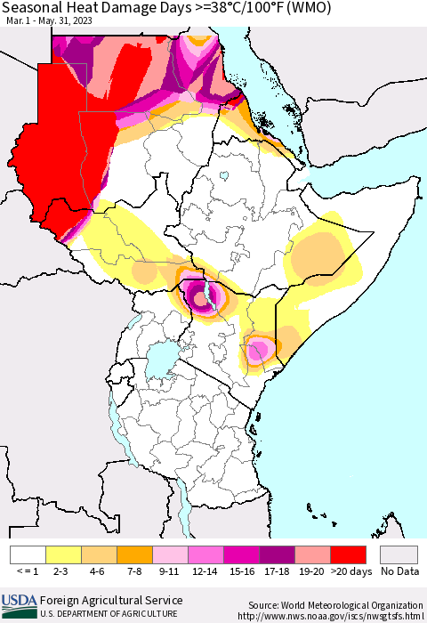 Eastern Africa Seasonal Heat Damage Days >=38°C/100°F (WMO) Thematic Map For 3/1/2023 - 5/31/2023