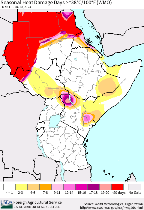 Eastern Africa Seasonal Heat Damage Days >=38°C/100°F (WMO) Thematic Map For 3/1/2023 - 6/10/2023