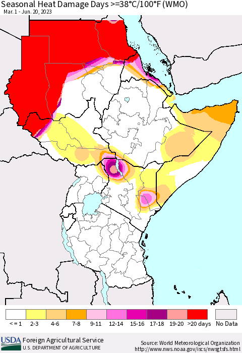 Eastern Africa Seasonal Heat Damage Days >=38°C/100°F (WMO) Thematic Map For 3/1/2023 - 6/20/2023