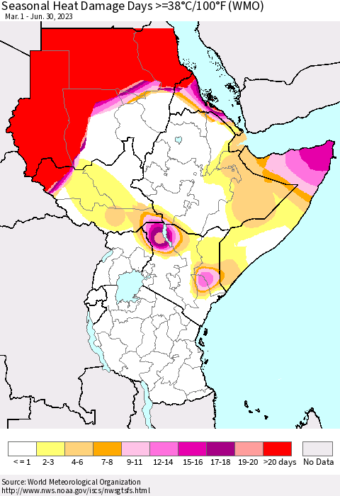 Eastern Africa Seasonal Heat Damage Days >=38°C/100°F (WMO) Thematic Map For 3/1/2023 - 6/30/2023