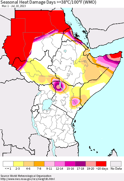 Eastern Africa Seasonal Heat Damage Days >=38°C/100°F (WMO) Thematic Map For 3/1/2023 - 7/10/2023