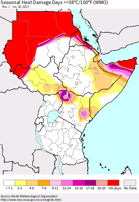 Eastern Africa Seasonal Heat Damage Days >=38°C/100°F (WMO) Thematic Map For 3/1/2023 - 7/20/2023