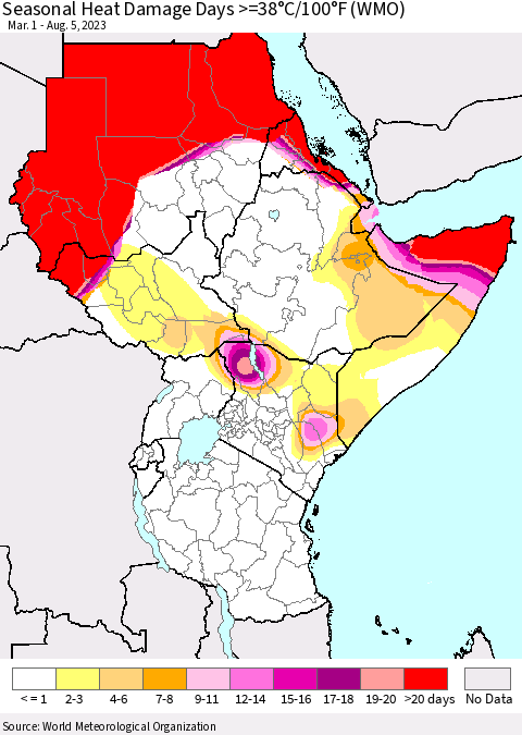 Eastern Africa Seasonal Heat Damage Days >=38°C/100°F (WMO) Thematic Map For 3/1/2023 - 8/5/2023
