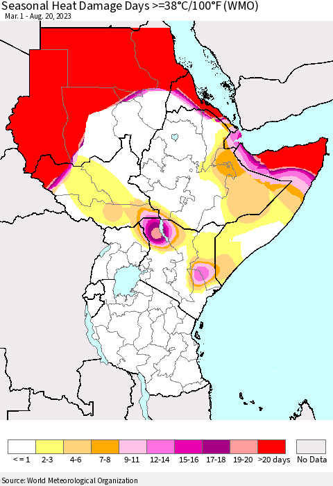 Eastern Africa Seasonal Heat Damage Days >=38°C/100°F (WMO) Thematic Map For 3/1/2023 - 8/20/2023
