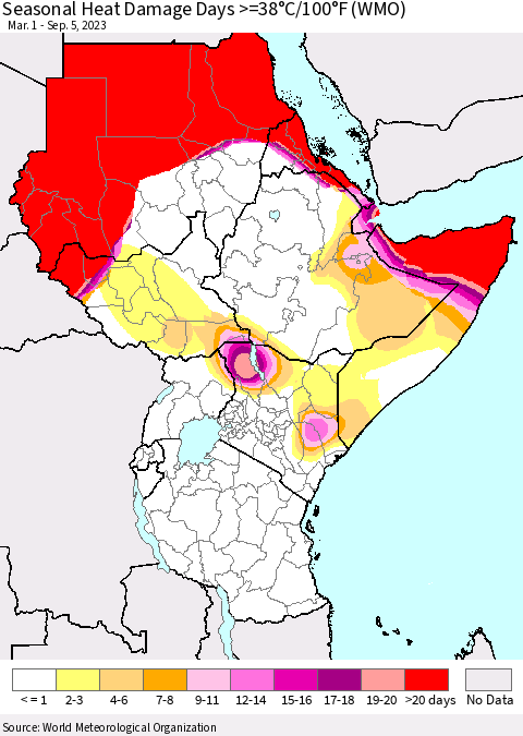 Eastern Africa Seasonal Heat Damage Days >=38°C/100°F (WMO) Thematic Map For 3/1/2023 - 9/5/2023