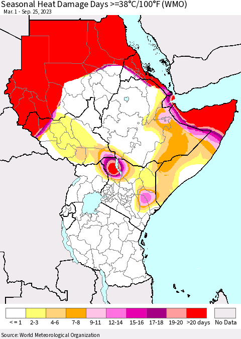 Eastern Africa Seasonal Heat Damage Days >=38°C/100°F (WMO) Thematic Map For 3/1/2023 - 9/25/2023
