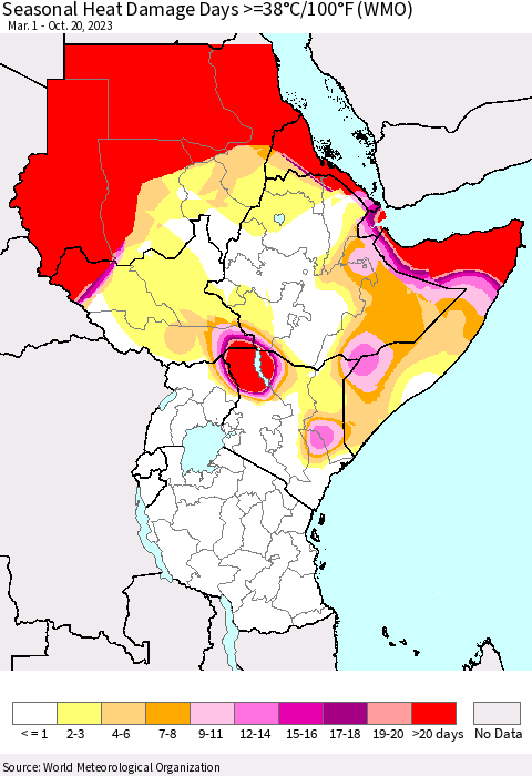Eastern Africa Seasonal Heat Damage Days >=38°C/100°F (WMO) Thematic Map For 3/1/2023 - 10/20/2023
