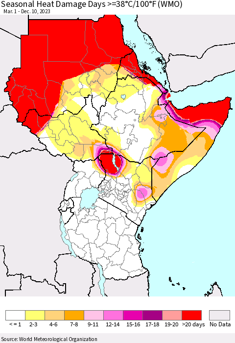 Eastern Africa Seasonal Heat Damage Days >=38°C/100°F (WMO) Thematic Map For 3/1/2023 - 12/10/2023