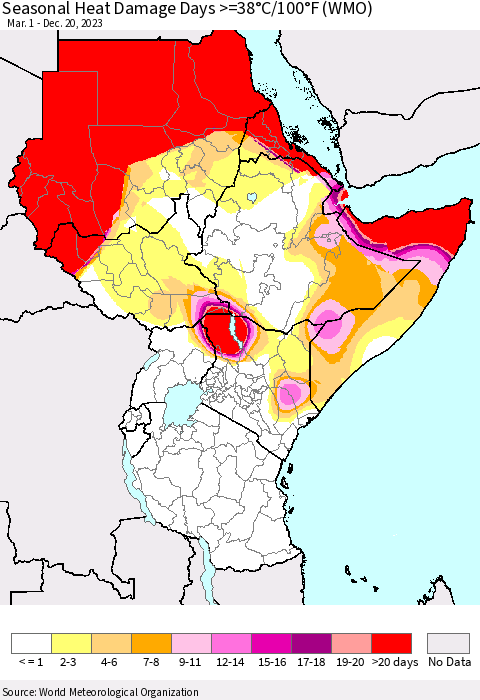 Eastern Africa Seasonal Heat Damage Days >=38°C/100°F (WMO) Thematic Map For 3/1/2023 - 12/20/2023