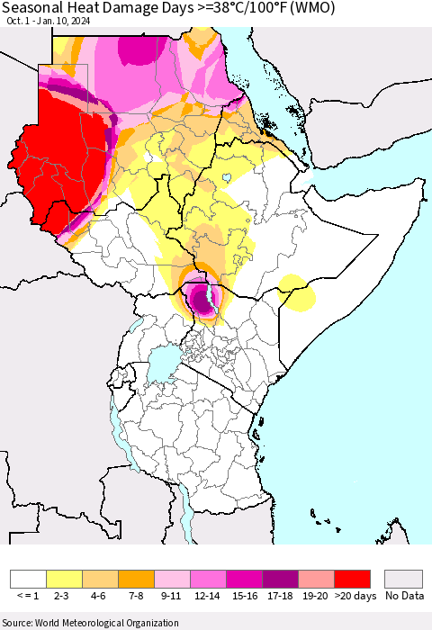 Eastern Africa Seasonal Heat Damage Days >=38°C/100°F (WMO) Thematic Map For 10/1/2023 - 1/10/2024