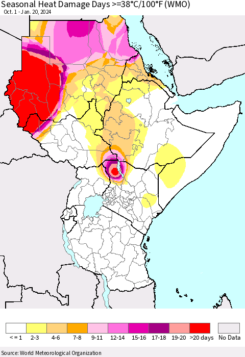 Eastern Africa Seasonal Heat Damage Days >=38°C/100°F (WMO) Thematic Map For 10/1/2023 - 1/20/2024