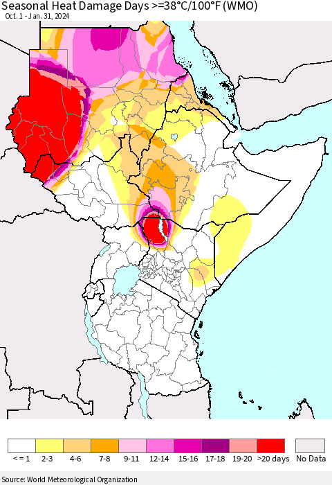 Eastern Africa Seasonal Heat Damage Days >=38°C/100°F (WMO) Thematic Map For 10/1/2023 - 1/31/2024