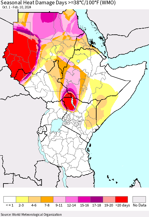 Eastern Africa Seasonal Heat Damage Days >=38°C/100°F (WMO) Thematic Map For 10/1/2023 - 2/10/2024