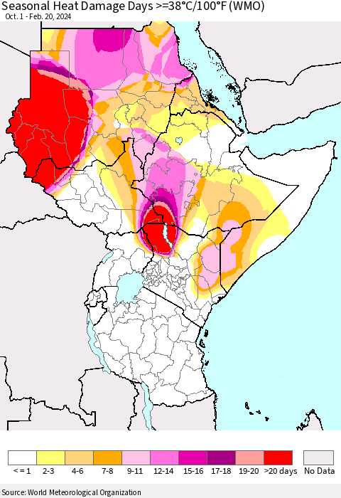 Eastern Africa Seasonal Heat Damage Days >=38°C/100°F (WMO) Thematic Map For 10/1/2023 - 2/20/2024