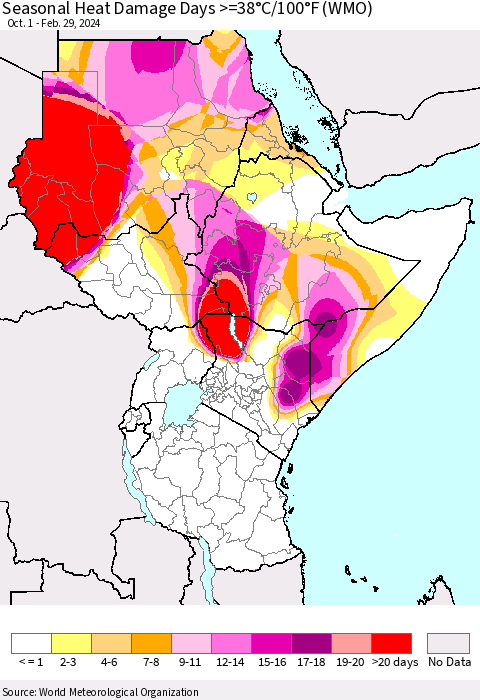 Eastern Africa Seasonal Heat Damage Days >=38°C/100°F (WMO) Thematic Map For 10/1/2023 - 2/29/2024
