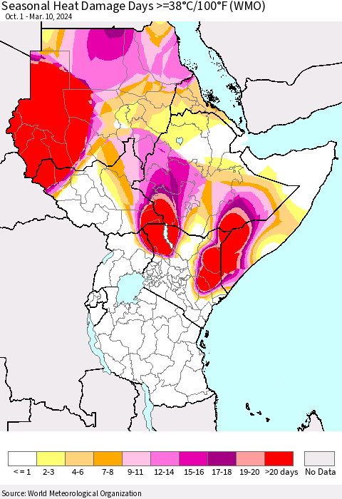 Eastern Africa Seasonal Heat Damage Days >=38°C/100°F (WMO) Thematic Map For 10/1/2023 - 3/10/2024