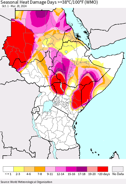 Eastern Africa Seasonal Heat Damage Days >=38°C/100°F (WMO) Thematic Map For 10/1/2023 - 3/20/2024