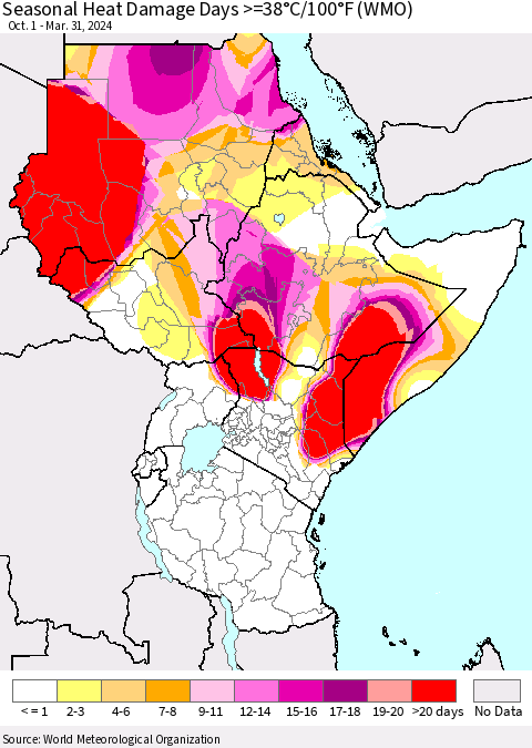 Eastern Africa Seasonal Heat Damage Days >=38°C/100°F (WMO) Thematic Map For 10/1/2023 - 3/31/2024