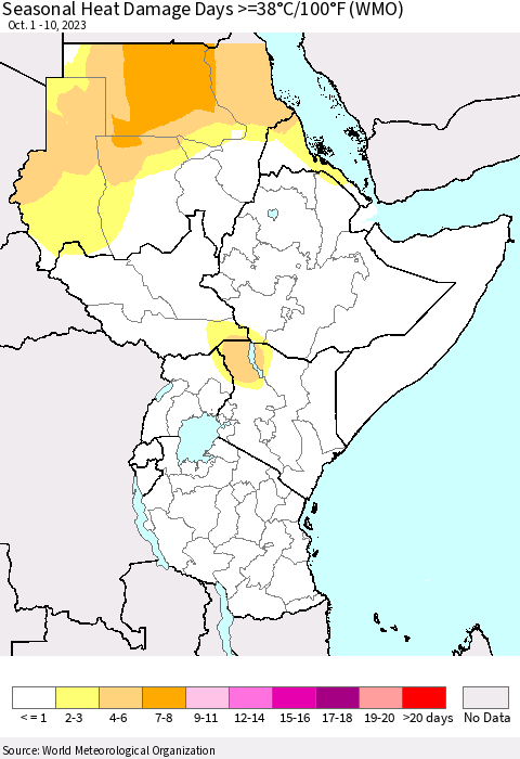 Eastern Africa Seasonal Heat Damage Days >=38°C/100°F (WMO) Thematic Map For 10/1/2023 - 10/10/2023