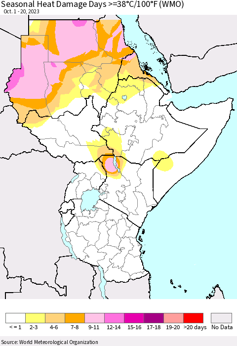 Eastern Africa Seasonal Heat Damage Days >=38°C/100°F (WMO) Thematic Map For 10/1/2023 - 10/20/2023