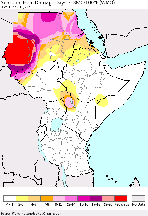 Eastern Africa Seasonal Heat Damage Days >=38°C/100°F (WMO) Thematic Map For 10/1/2023 - 11/10/2023