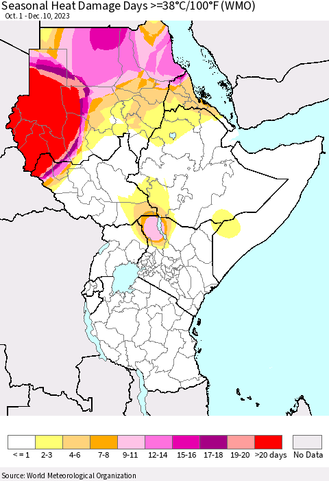 Eastern Africa Seasonal Heat Damage Days >=38°C/100°F (WMO) Thematic Map For 10/1/2023 - 12/10/2023
